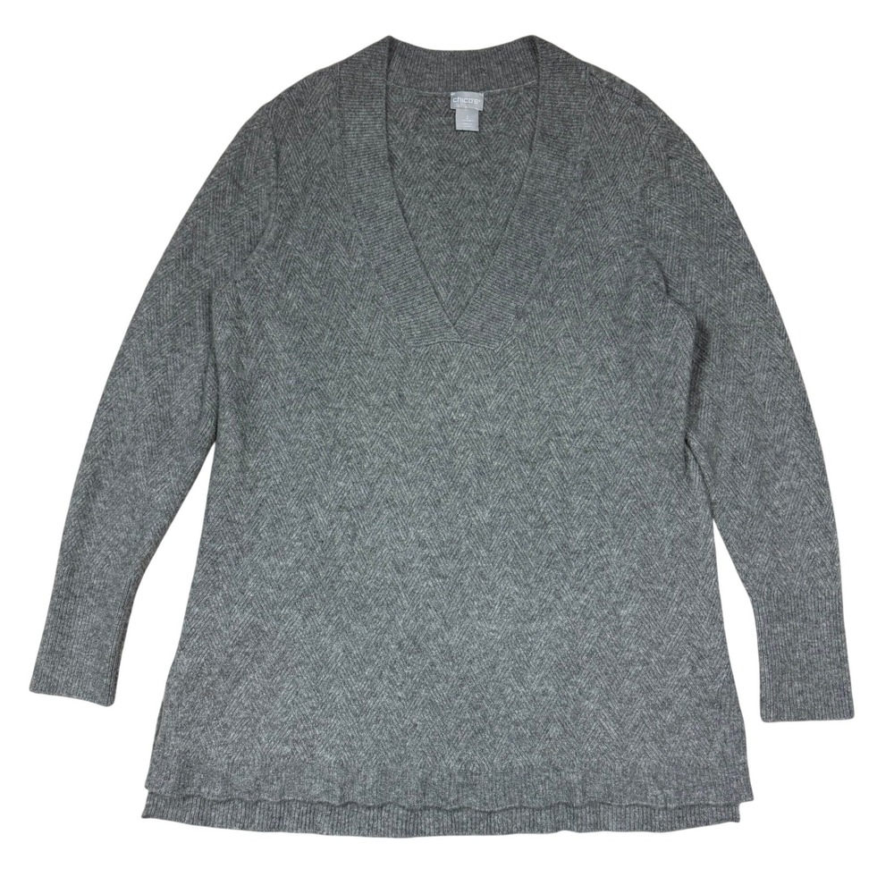 Chicos Gray Herringbone V-Neck Sweater Tunic Wool Blend Size 2 Large Heathered